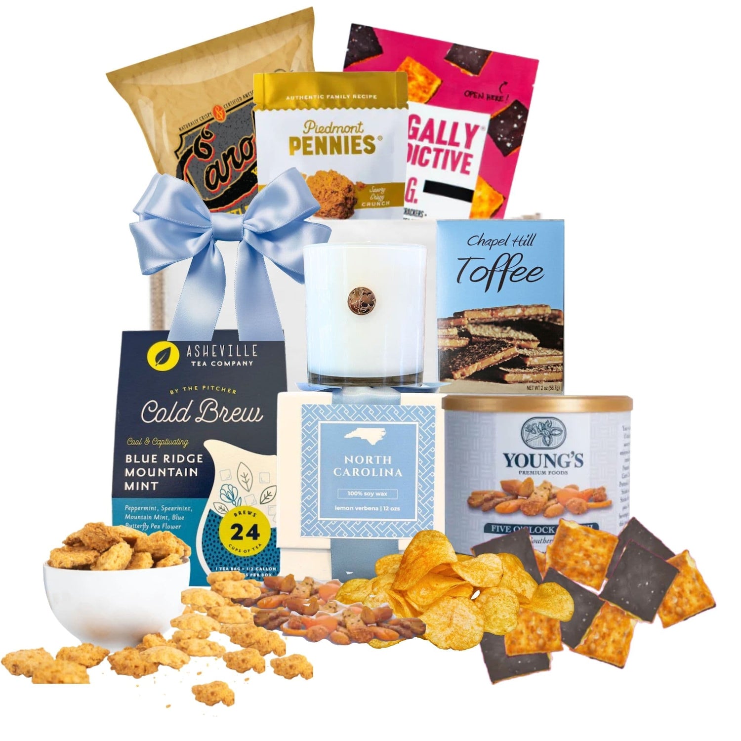 Welcome to North Carolina corporate gift basket with Carolina-made gourmet items and dogwood candle