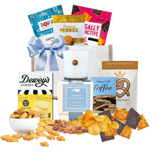Welcome to North Carolina corporate gift basket with Carolina-made gourmet items and dogwood candle
