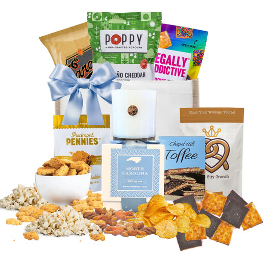 Welcome to North Carolina corporate gift basket with Carolina-made gourmet items and dogwood candle