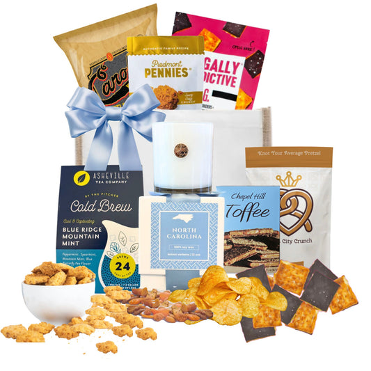 Welcome to North Carolina corporate gift basket with Carolina-made gourmet items and dogwood candle
