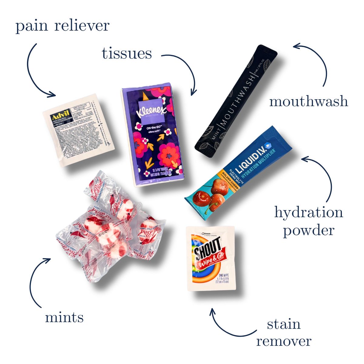 wellness pack of items for North Carolina event and wedding gifts including tissues, mouthwash, hydration powder, mints, & stain remover.