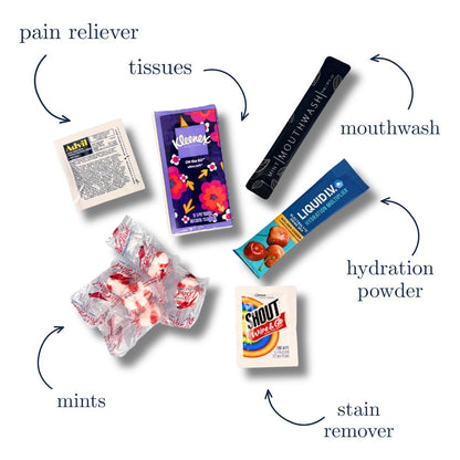 wellness pack of items for North Carolina event and wedding gifts including tissues, mouthwash, hydration powder, mints, & stain remover.