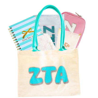 Zeta Tau Alpha sorority gift bag with Greek letter accessories for UNC Chapel Hill students and bid day