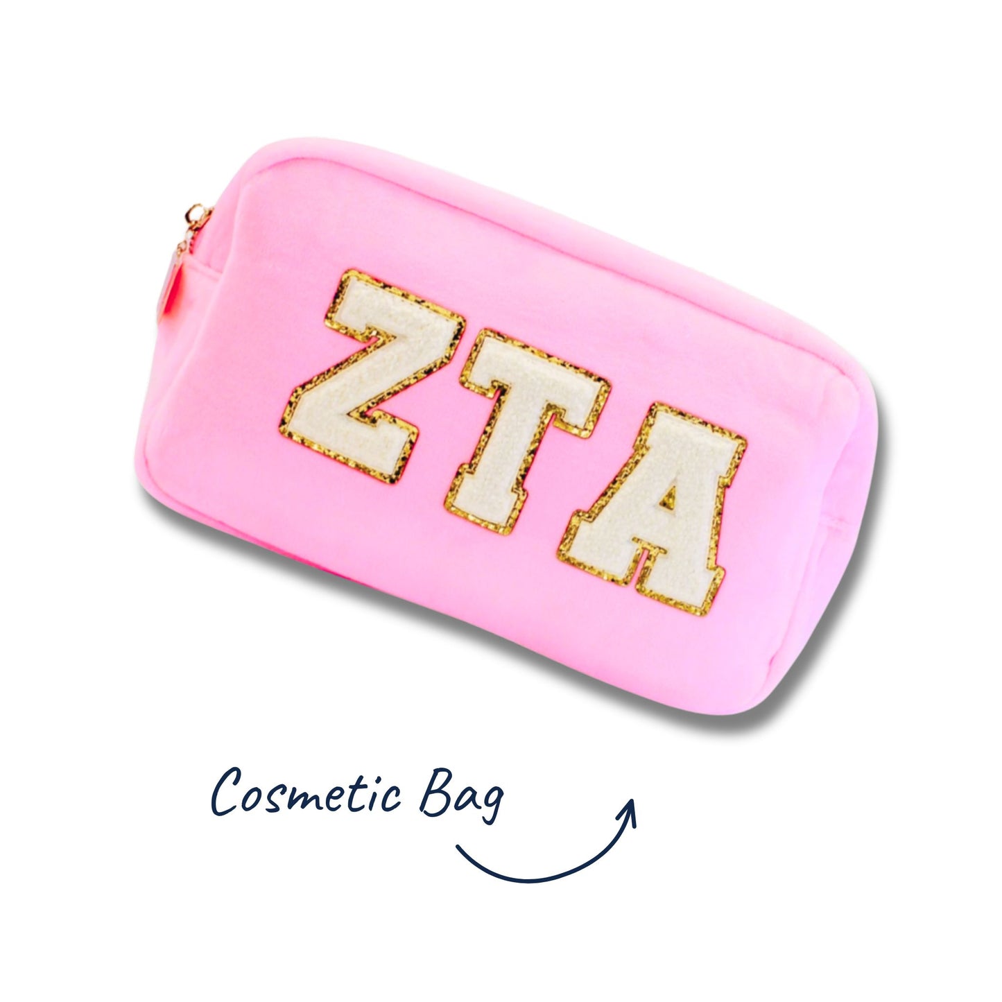 Bright Pink makeup bag with ZTA chenille letters for bid day
