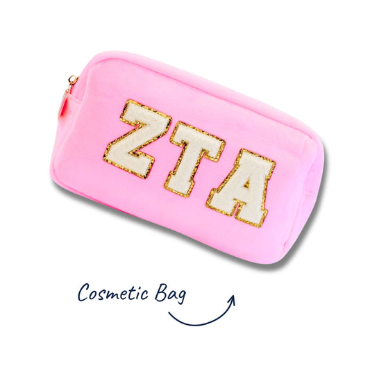Bright Pink makeup bag with ZTA chenille letters for bid day